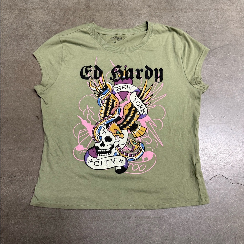 Ed Hardy New York City Tattoo Skull Eagle Graphic Short Sleeve Womens T-Shirt XL